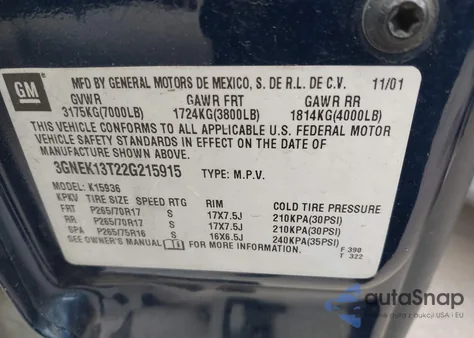 2002 Chevrolet Avalanche 1500 from USA, damaged, VIN 3GNEK13T22G215915